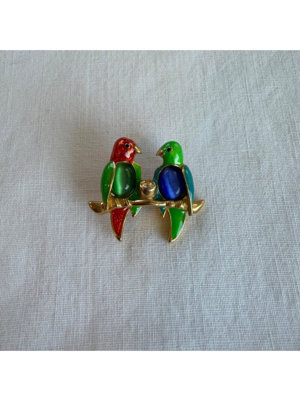 Vintage Birds On Branch Figural Moonstone Cabochon Rhinestone Brooch